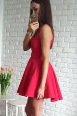 A-Line V-Neck Sleeveless Short Red Satin Homecoming Dress  PG156
