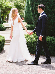 A Line V Neck White Wedding Dresses, White Wedding Gown, Formal Evening Dresses
