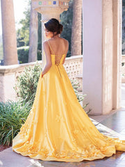 A Line V Neck Yellow Prom Dresses with 3D Flower, Yellow Floral Long Formal Evening Graduation Dresses
