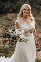 A-Line Wedding Gown with Illusion Neck With Back Lace Appliqued TN220