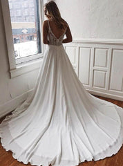 A-Line White Chiffon Spaghetti Straps Lace Backless Wedding Dress TN200