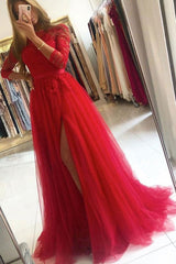 A-line Black Tulle Round Neck Lace Prom Dress Split Evening Dress TP1045