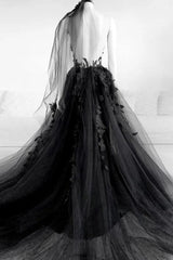 A-line V Neck Black Floral Long Prom Dresses Split Evening Dress TP1084
