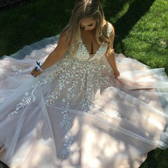 A-line V Neck Light Long Prom Dresses With Tulle A-line/Princess TP0915