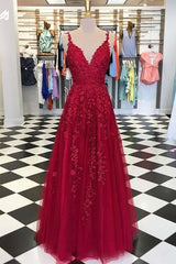 A-line V Neck Sky Blue Lace Prom Dress Red Formal Dress TP0925