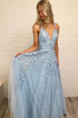 A-line V Neck Sky Blue Lace Prom Dress Red Formal Dress TP0925