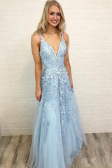 A-line V Neck Sky Blue Lace Prom Dress Red Formal Dress TP0925