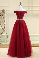 A-line Off The Shoulder Navy Blue Tulle Prom Dress With Beading TP0898