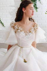A-line Off White Short Sleeves Long Prom Dresses Organza Evening Dress TP0946