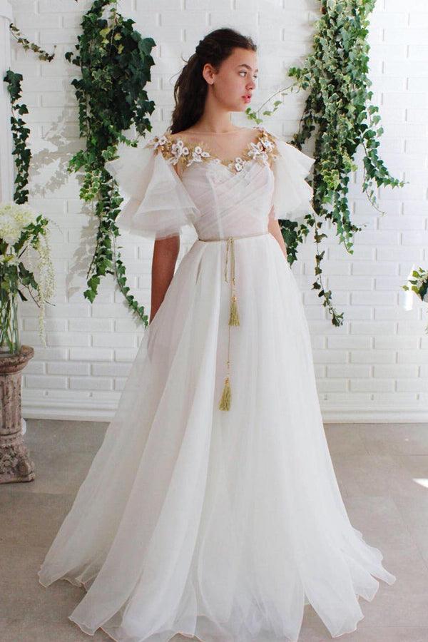 A-line Off White Short Sleeves Long Prom Dresses Organza Evening Dress TP0946