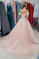 A-line Pink Tulle Off The Shoulder Long Prom Dress Evening Dress TP1035