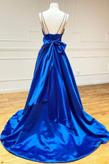 A-line Satin V Neck Royal Blue Prom Dresses Evening Dresses TP1024
