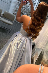 A-line Silver V Neck Satin Long Prom Dress Evening Dress TP1025
