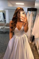 A-line Silver V Neck Satin Long Prom Dress Evening Dress TP1025