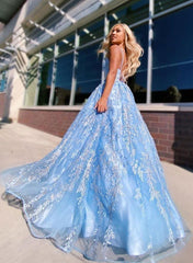 A-line Spaghetti Straps Lace Appliques Sky Blue Long Prom Dresses TP0912