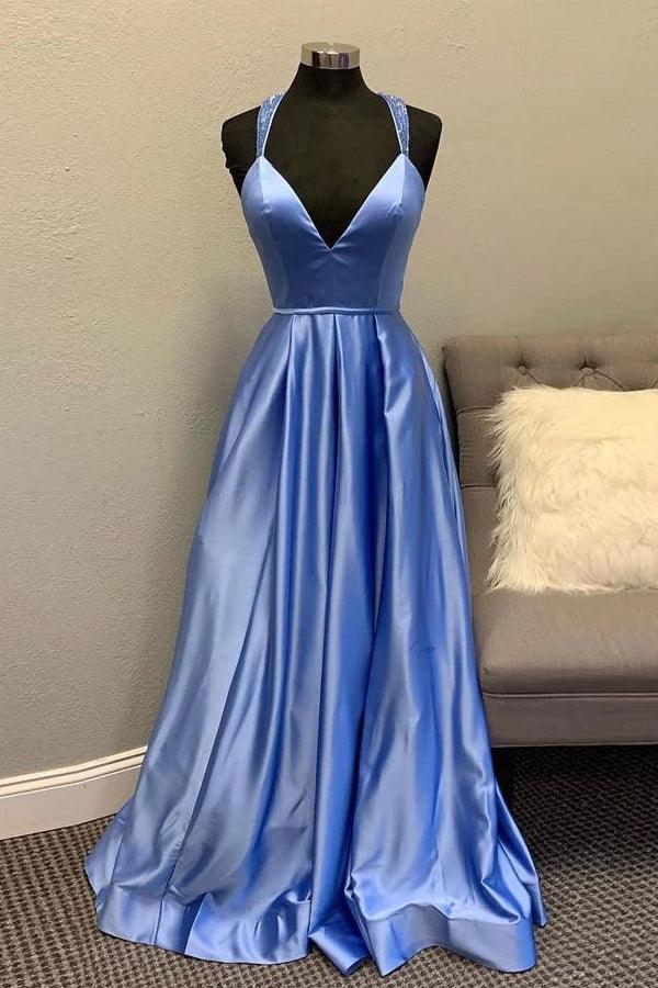 A-line V neck Satin Unique Long Prom Dresses Formal Gowns TP1063