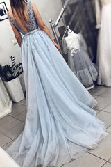A-line V neck Sky Blue Long Prom Dress Court Train Formal Dress TP1064