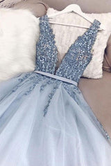 A-line V neck Sky Blue Long Prom Dress Court Train Formal Dress TP1064