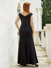 V-neck Cap Sleeve Beaded Cloumn Dress With Slit-Black