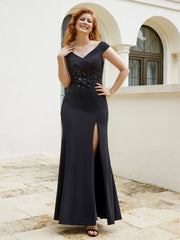 V-neck Cap Sleeve Beaded Cloumn Dress With Slit-Black