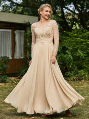 A-line V-neck Lace Appliqued Floor-length Dress Champagne