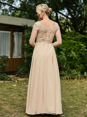 A-line V-neck Lace Appliqued Floor-length Dress Champagne