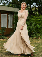 A-line V-neck Lace Appliqued Floor-length Dress Champagne