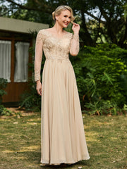 A-line V-neck Lace Appliqued Floor-length Dress Champagne