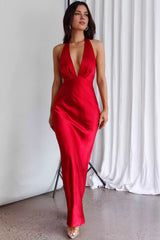 Absolutely stunning satin backless silhouette hanging neck style tight corset with zipper on the side Prom Dresses