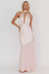 Absolutely stunning satin ultra long deep V-neck, backless, invisible side zipper Prom Dresses