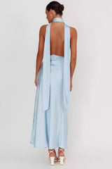 Absolutely stunning satin ultra long deep V-neck, backless rose knot, leg slits, invisible back zipper Prom Dresses