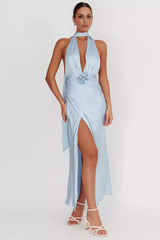 Absolutely stunning satin ultra long deep V-neck, backless rose knot, leg slits, invisible back zipper Prom Dresses