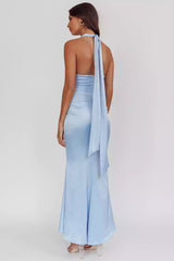 Absolutely stunning satin ultra long deep V-neck hanging neck long tie backless unlined invisible back zipper Prom Dresses