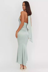 Absolutely stunning satin ultra long deep V-neck hanging neck long tie backless unlined invisible back zipper Prom Dresses