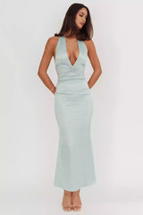 Absolutely stunning satin ultra long deep V-neck hanging neck long tie backless unlined invisible back zipper Prom Dresses