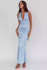 Absolutely stunning satin ultra long deep V-neck hanging neck long tie backless unlined invisible back zipper Prom Dresses