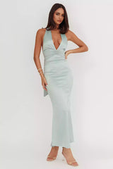 Absolutely stunning satin ultra long deep V-neck hanging neck long tie backless unlined invisible back zipper Prom Dresses
