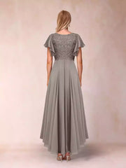 A charming A-line/princess style V-neck short sleeved long decal Mother of the Bride Dresses