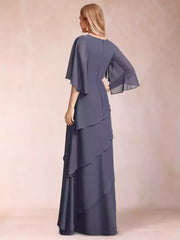 A charming A-line/princess style round neck half sleeved ruffled edges and beaded Mother of the Bride Dresses