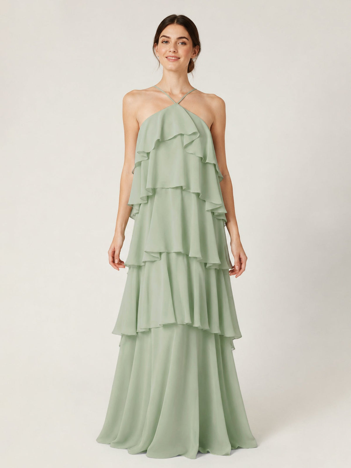 Tiered Chiffon Halter Maxi Dress with Ruffle Layers Dusty Sage