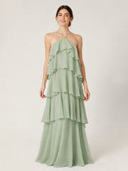 Tiered Chiffon Halter Maxi Dress with Ruffle Layers Dusty Sage