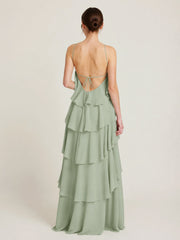 Tiered Chiffon Halter Maxi Dress with Ruffle Layers Dusty Sage