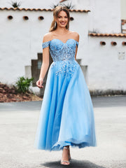 Off-the-shoulder A-line Sequins Dress with Beaded Blue