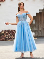 Off-the-shoulder A-line Sequins Dress with Beaded Blue