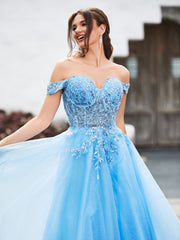 Off-the-shoulder A-line Sequins Dress with Beaded Blue