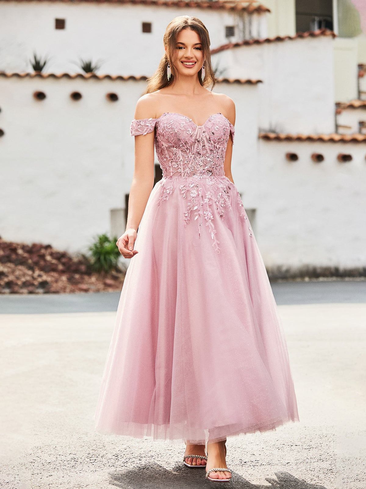 Off-the-shoulder A-line Sequins Dress with Beaded Dusty Rose
