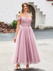 Off-the-shoulder A-line Sequins Dress with Beaded Dusty Rose