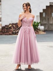 Off-the-shoulder A-line Sequins Dress with Beaded Dusty Rose