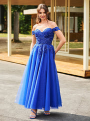 Off-the-shoulder A-line Sequins Dress with Beaded Royal Blue