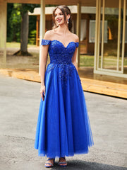 Off-the-shoulder A-line Sequins Dress with Beaded Royal Blue